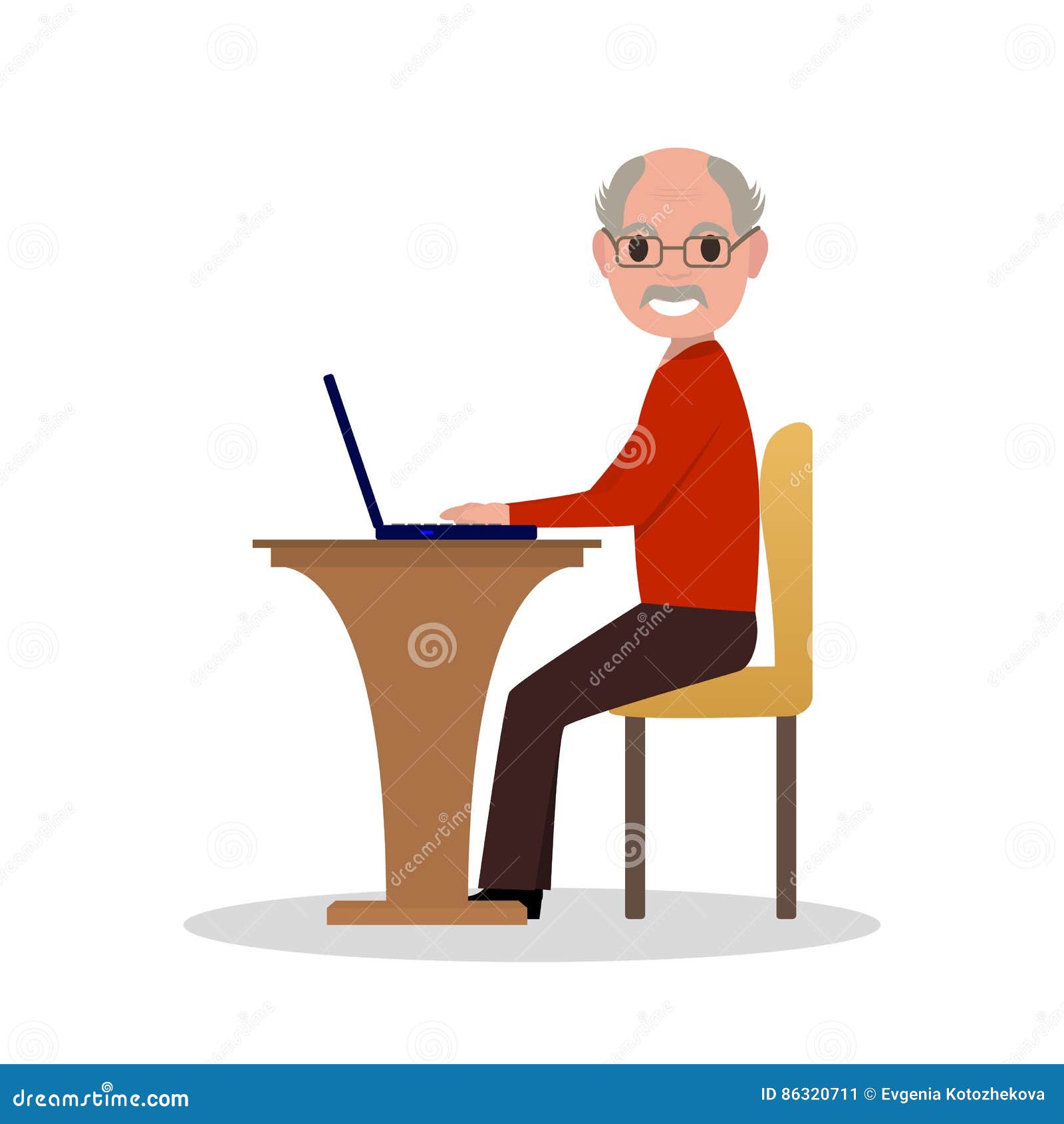 Vector Cartoon Old Man Sitting At Desk With Laptop Stock Vector