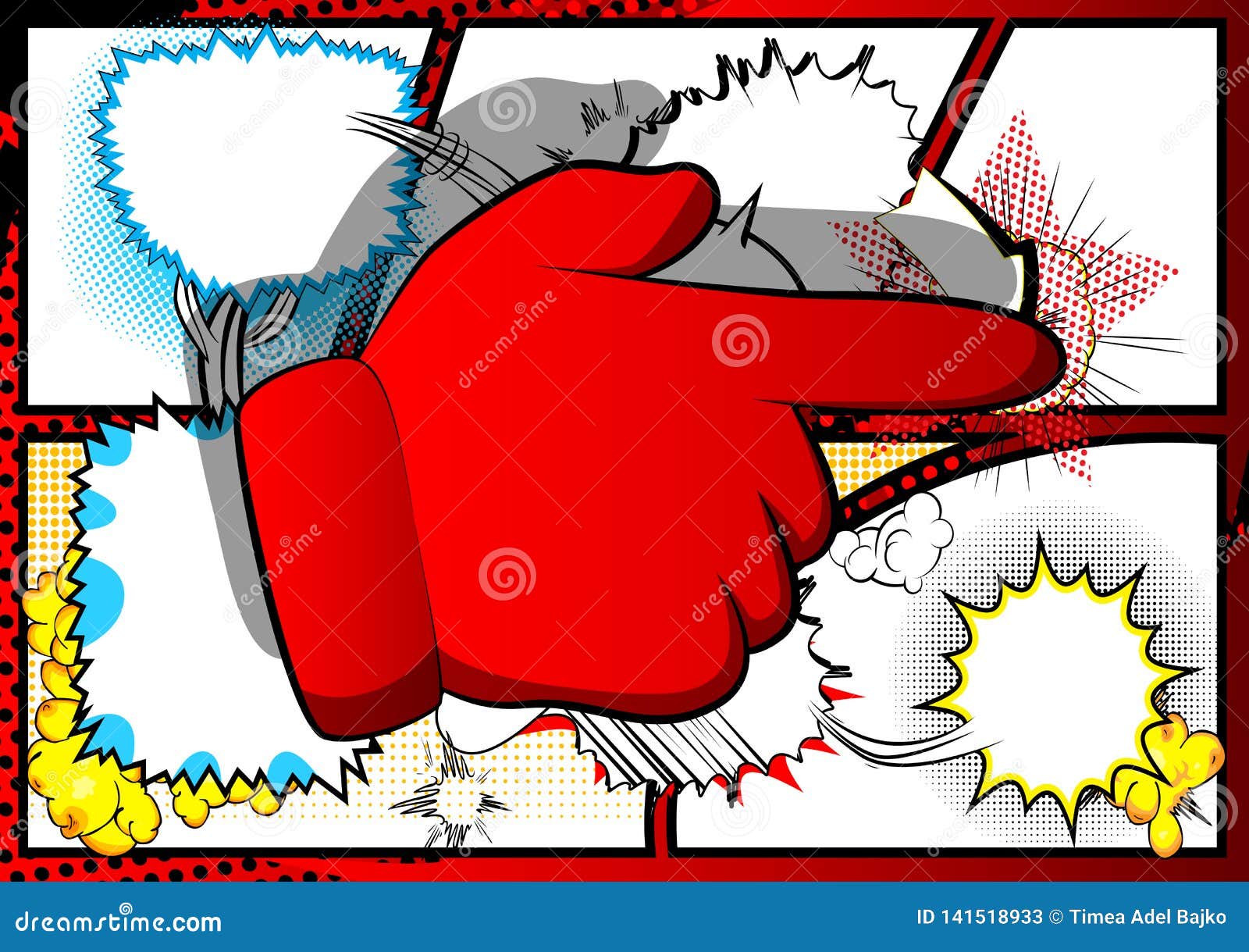 cartoon pointing hand on comic book background.