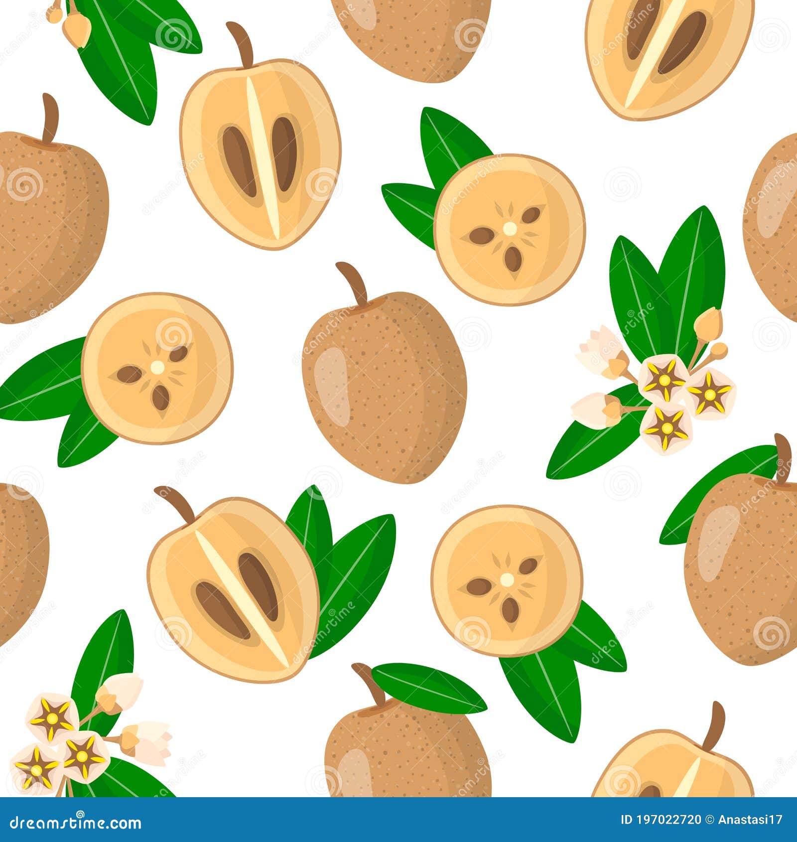  cartoon seamless pattern with manilkara zapota or sapodilla exotic fruits, flowers and leafs on white background