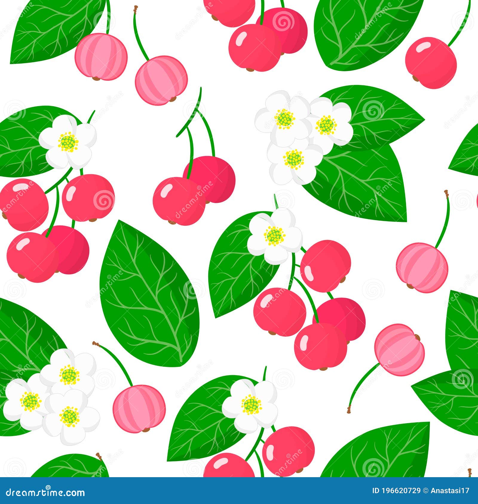  cartoon seamless pattern with muntingia calabura or capulin exotic fruits, flowers and leafs on white background
