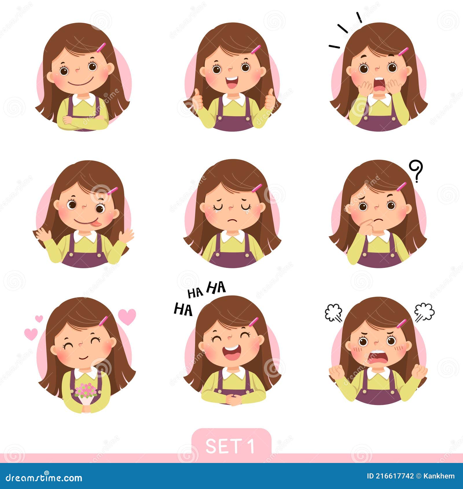 cartoon set of a little girl in different postures with various emotions. set 1 of 3