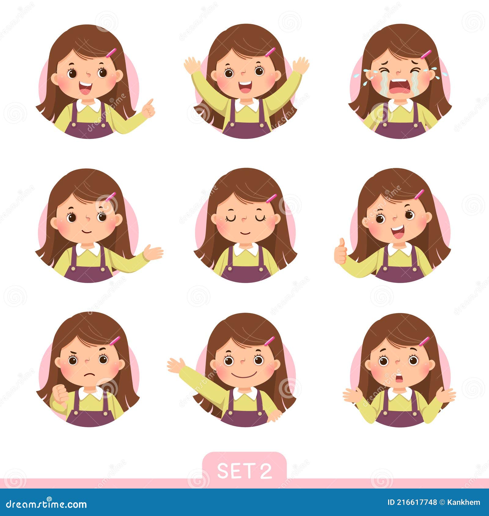 cartoon set of a little girl in different postures with various emotions. set 2 of 3