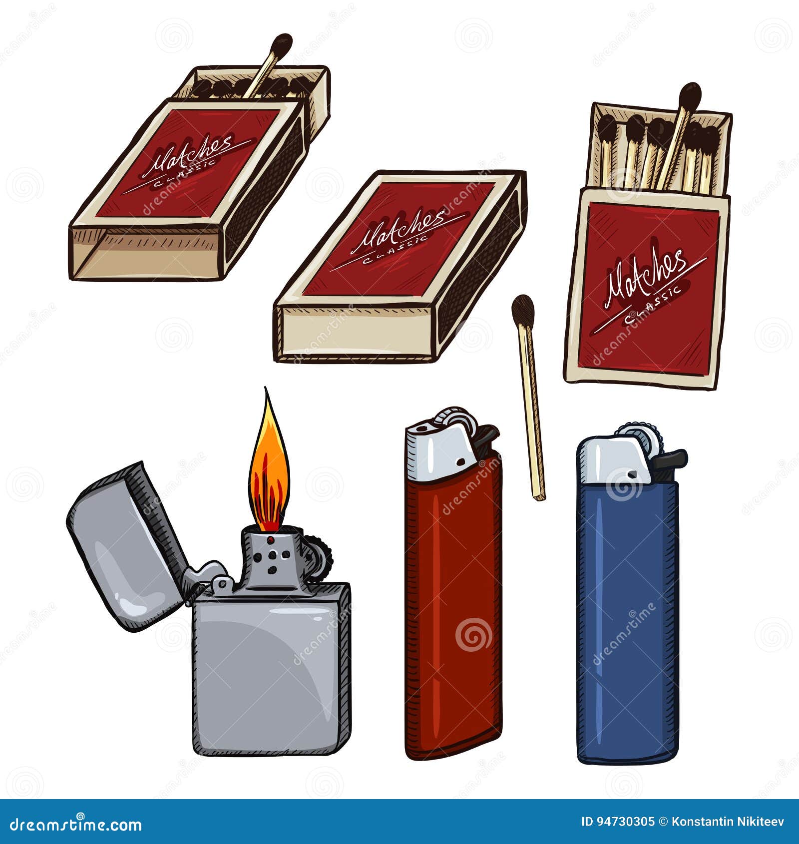 Vector Cartoon Set of Matches, Matchboxes and Lighters. Stock Vector