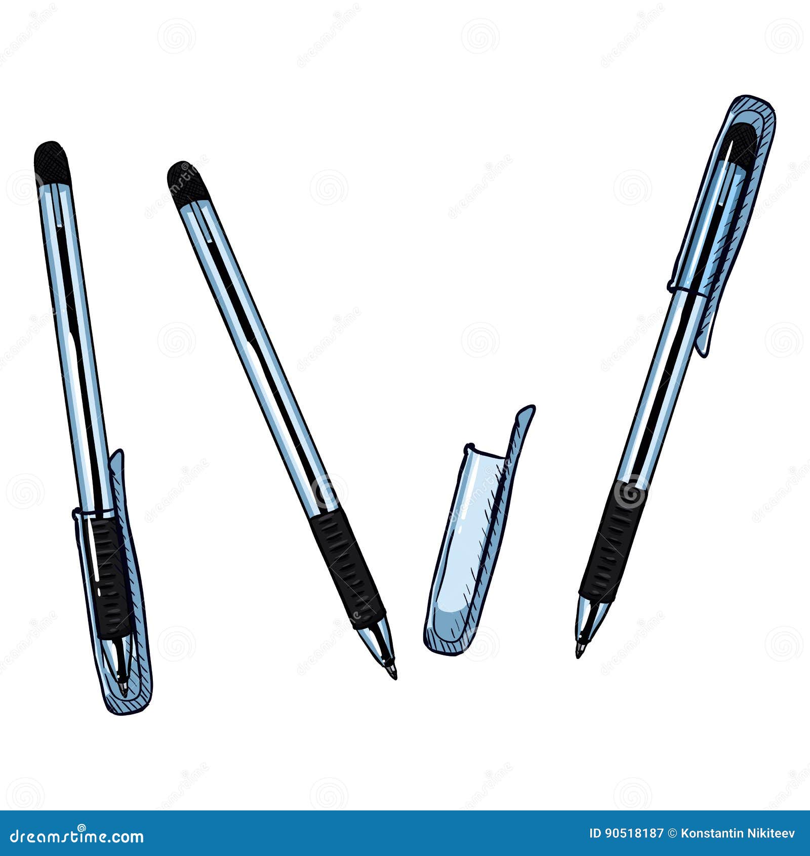 Vector Cartoon Set of Pens. Ballpoint Pens with Caps Variations Stock