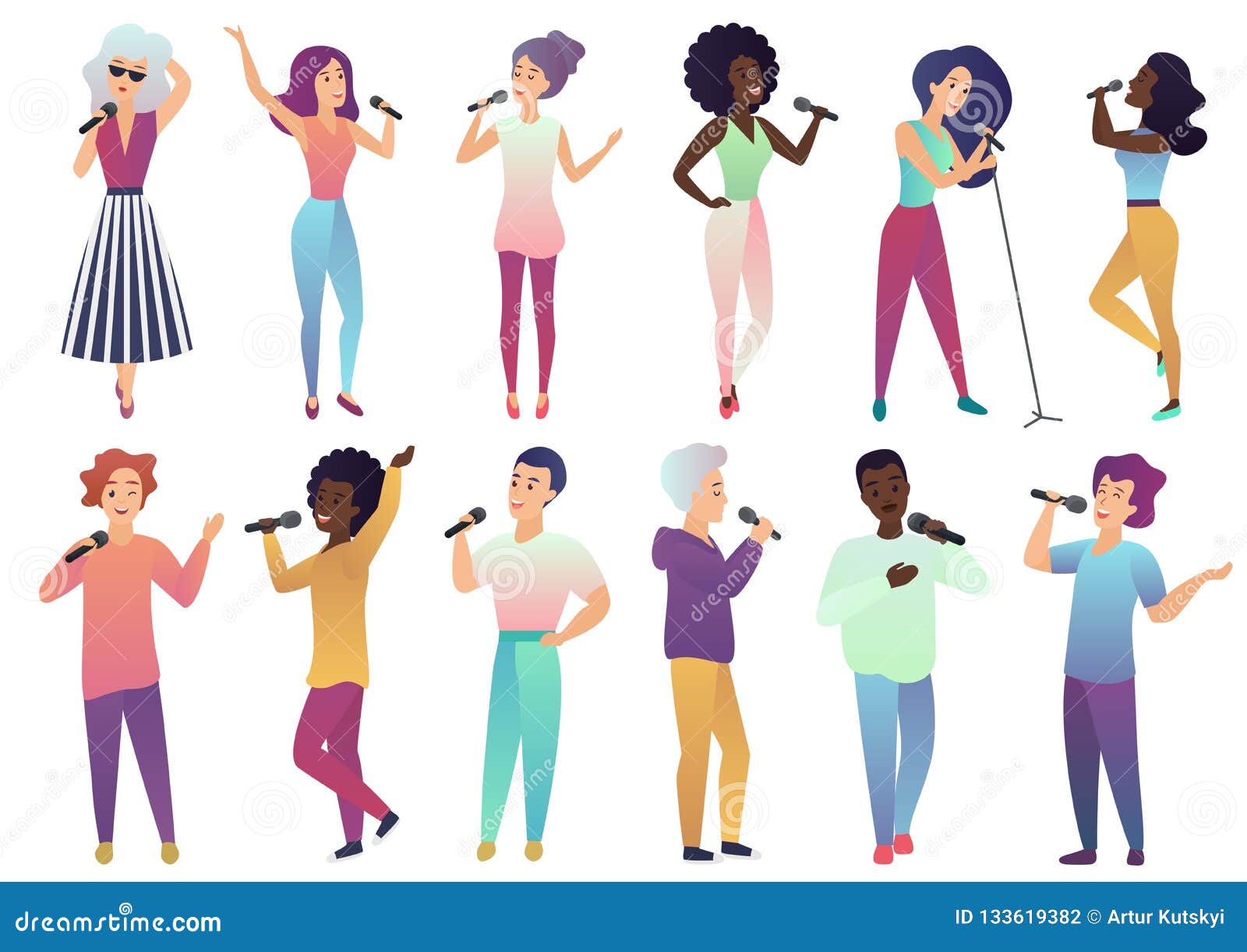 Vector Cartoon Singers Holding Microphones and Musicians Set Isolated