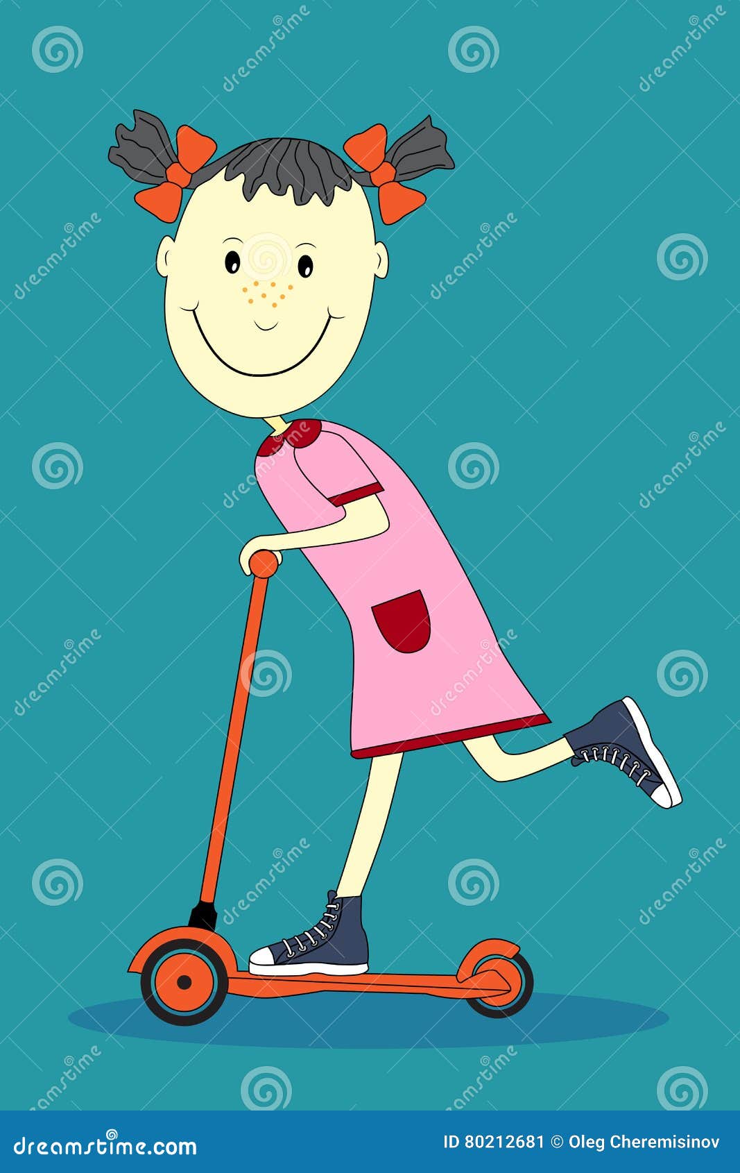 Vector Cartoon Smiling Girl on Scooter. Stock Vector Illustration of