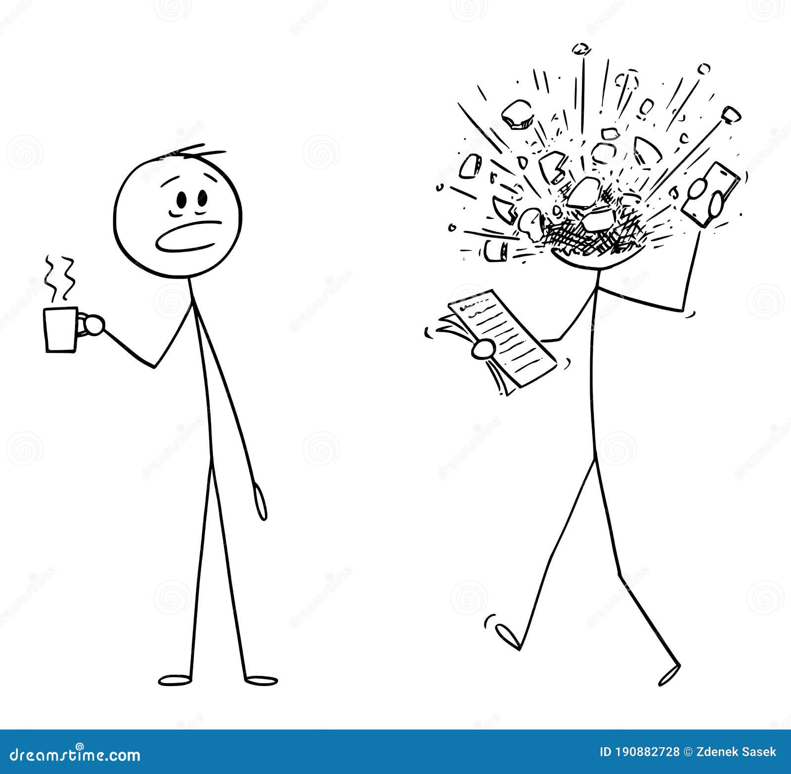  cartoon  of man, office worker or businessman at work, his head exploded from stress or overwork.