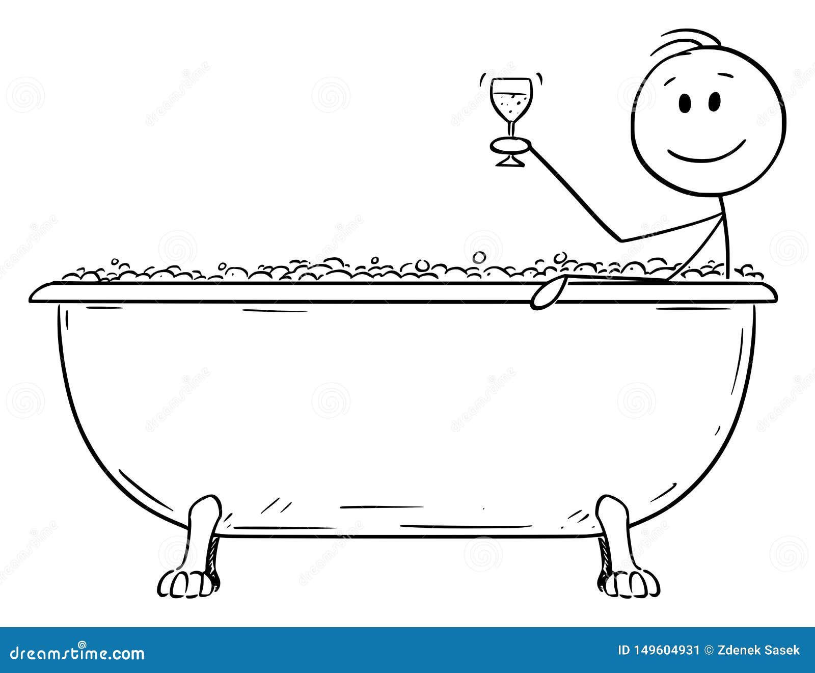  cartoon of man relaxing in batch tub with glass of wine