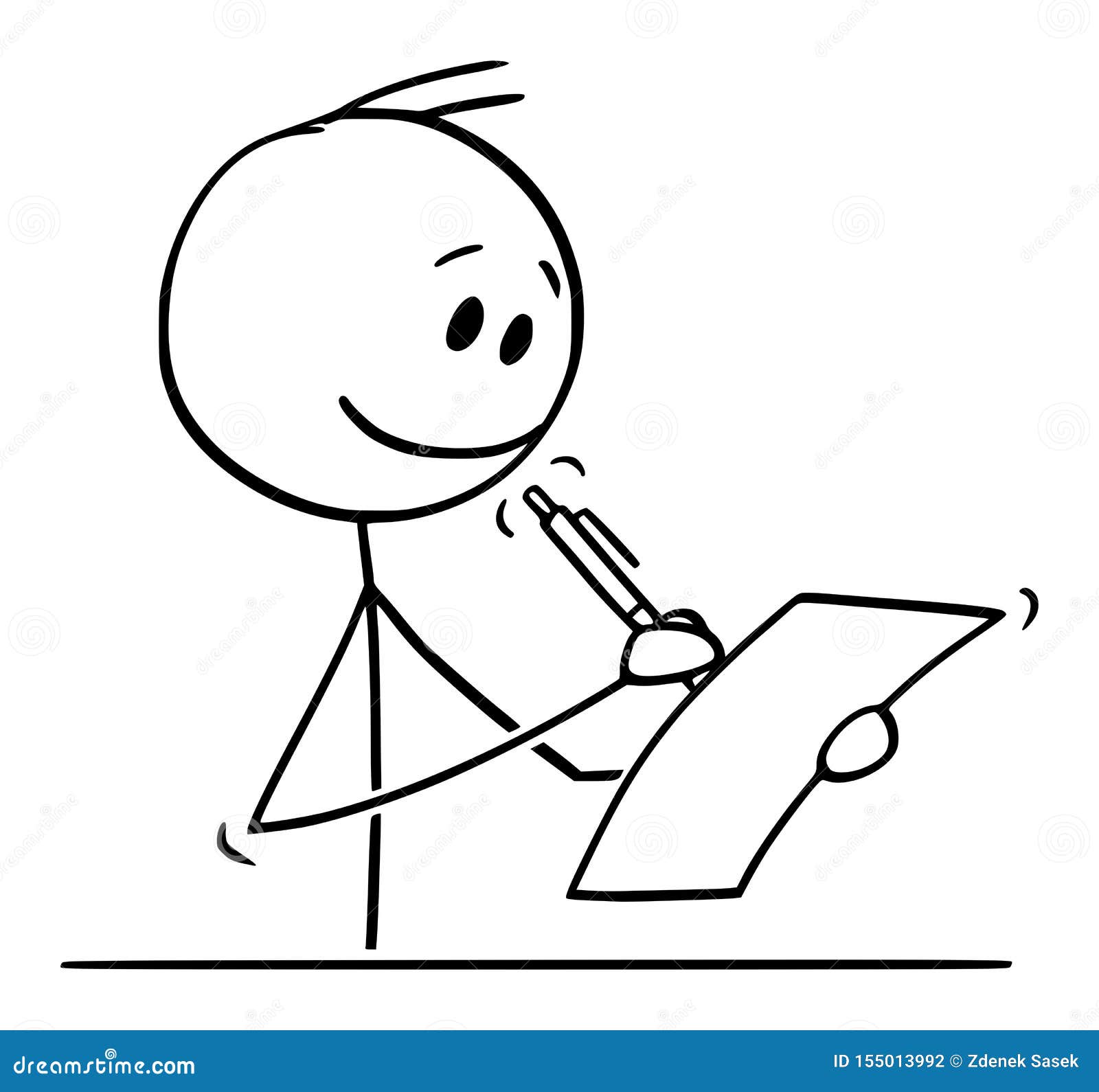  cartoon of smiling man or businessman writing on sheet of paper with ballpoint pen