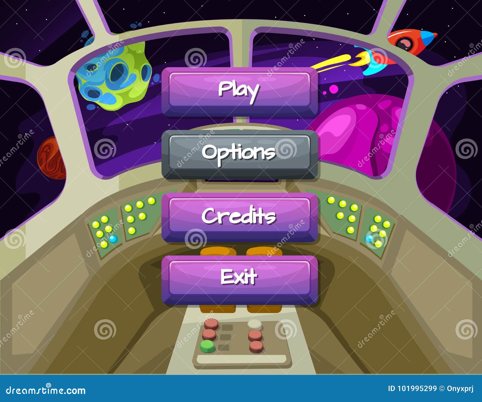  cartoon style enabled and disabled buttons with text for game  on spaceship texture background
