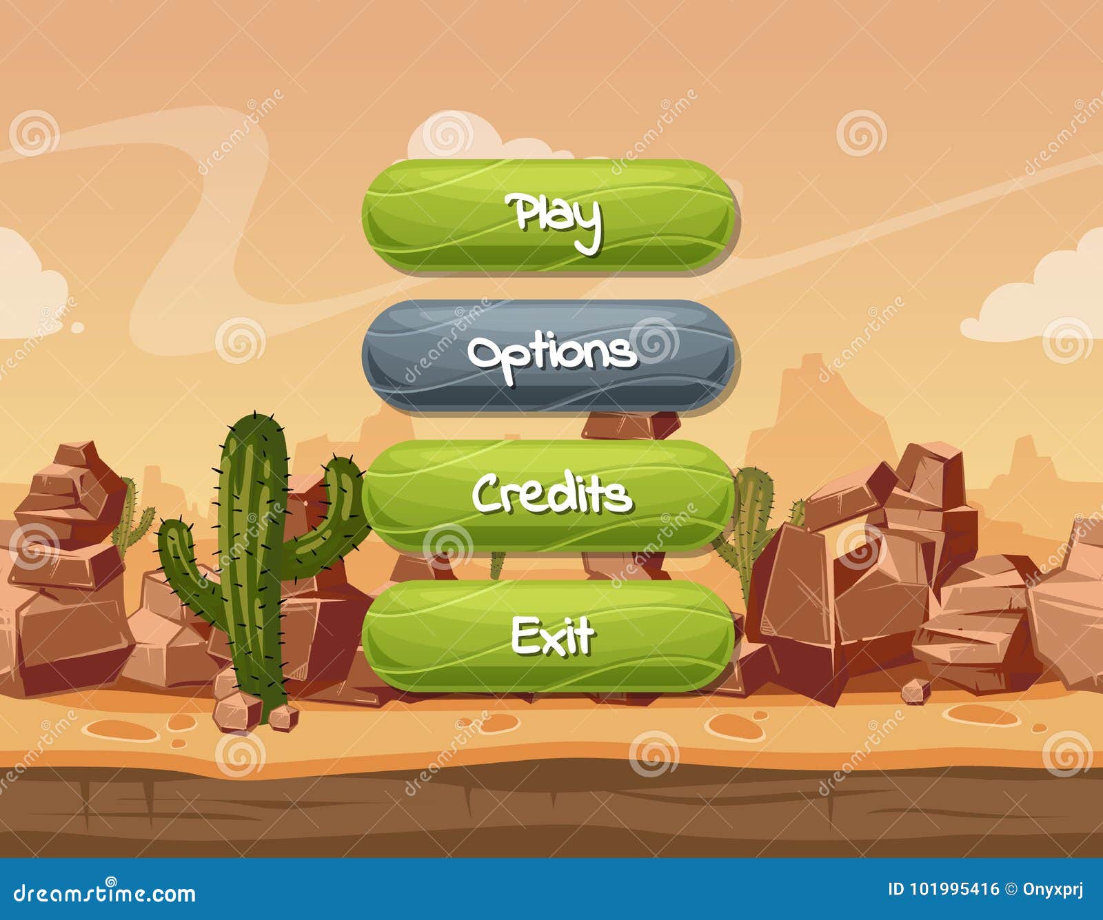  cartoon style wavy enabled and disabled buttons with text for game  on orange rocks, sky and cactus desert