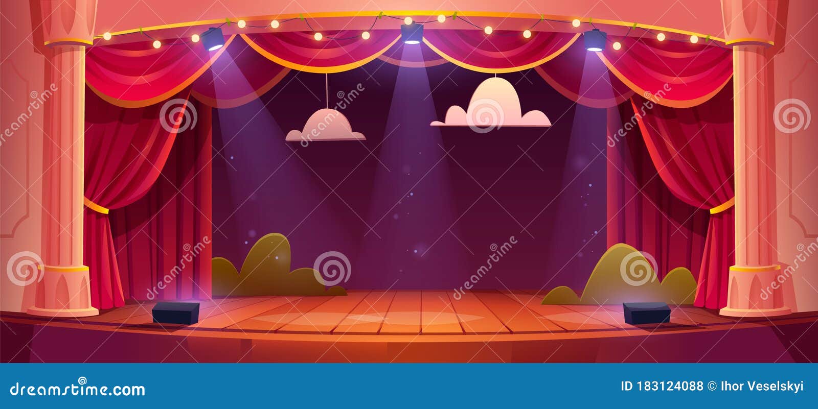 Vector Cartoon Theater Stage with Red Curtains Stock Illustration