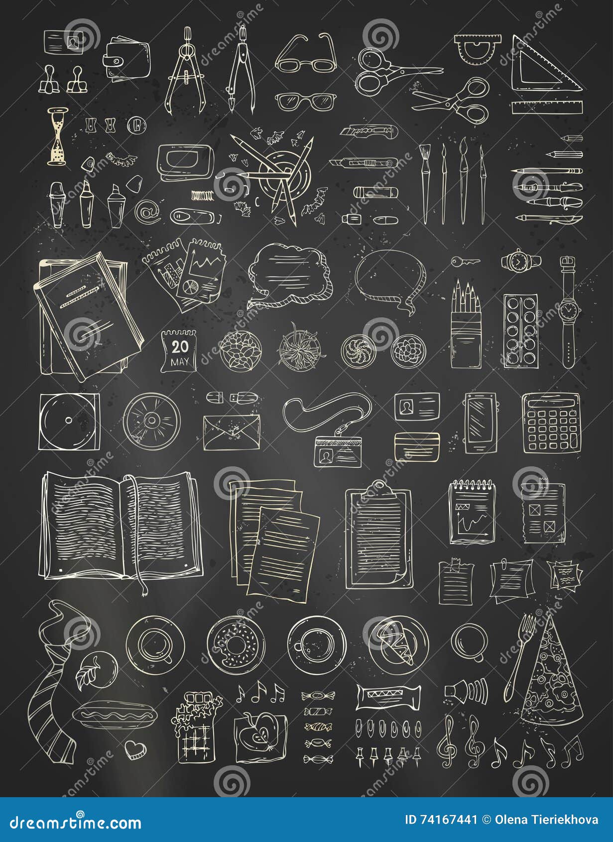 vector chalk scene creator set blackboard background doodles gadgets stationery supplies food plants top view design 74167441