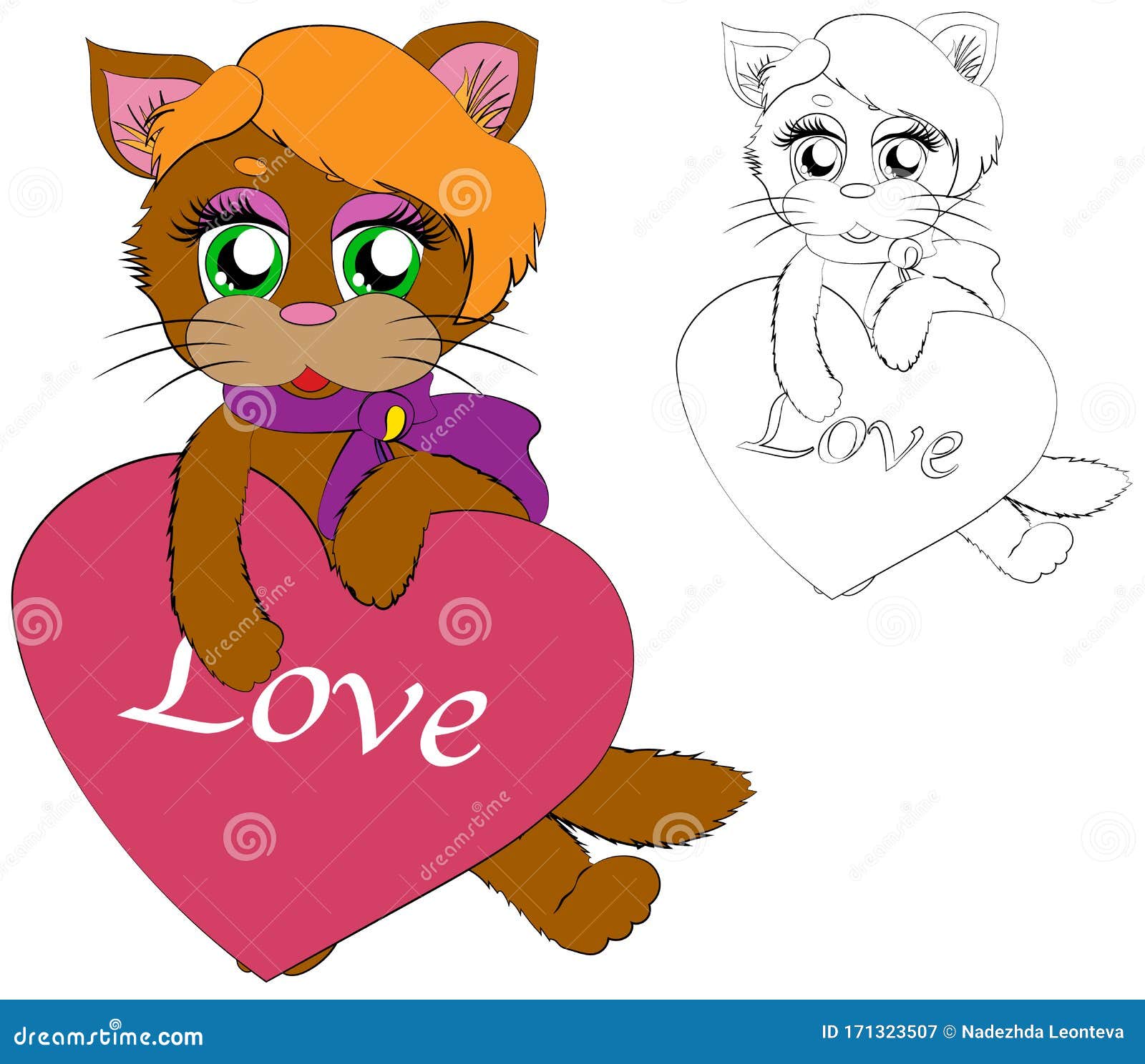 Download Vector Character Kitten With Pink Heart. Cat And Love ...