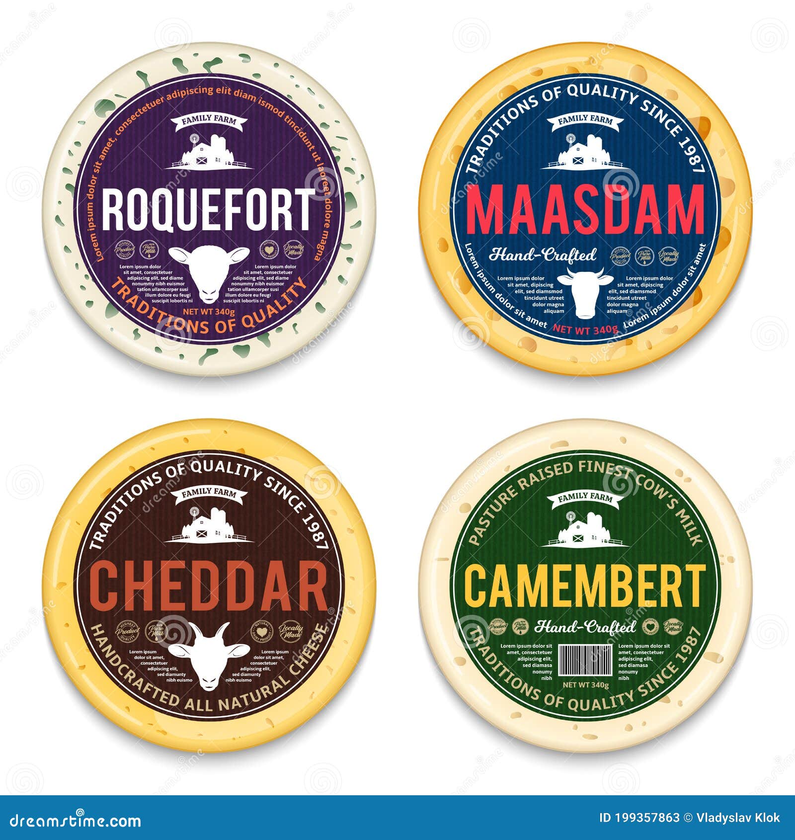  cheese round labels and cheese packaging mockup