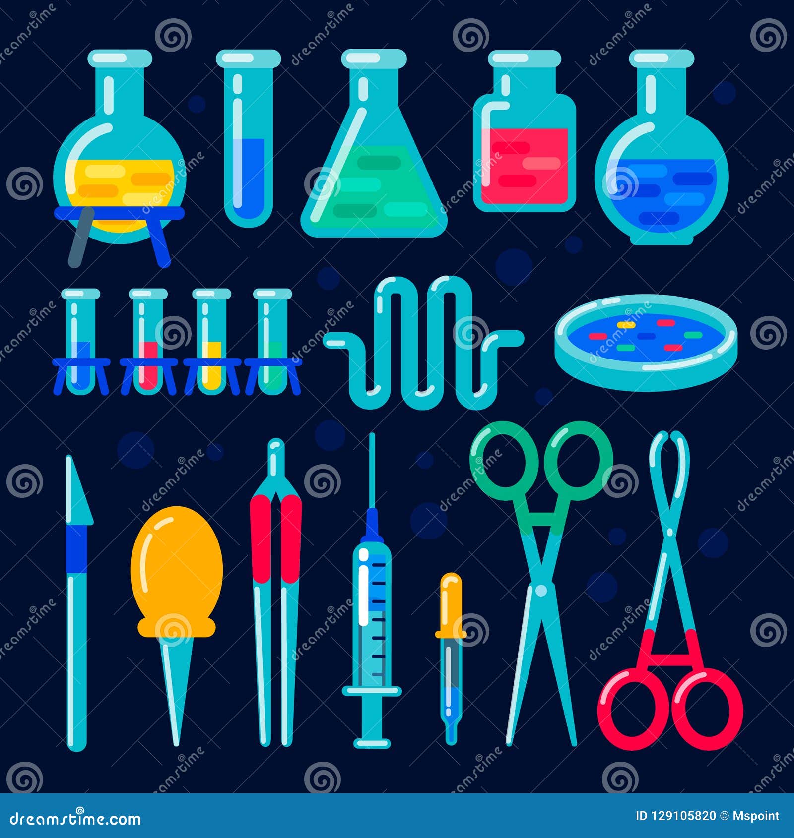 Chemistry lab tools. Laboratory instruments for experiment. Glass