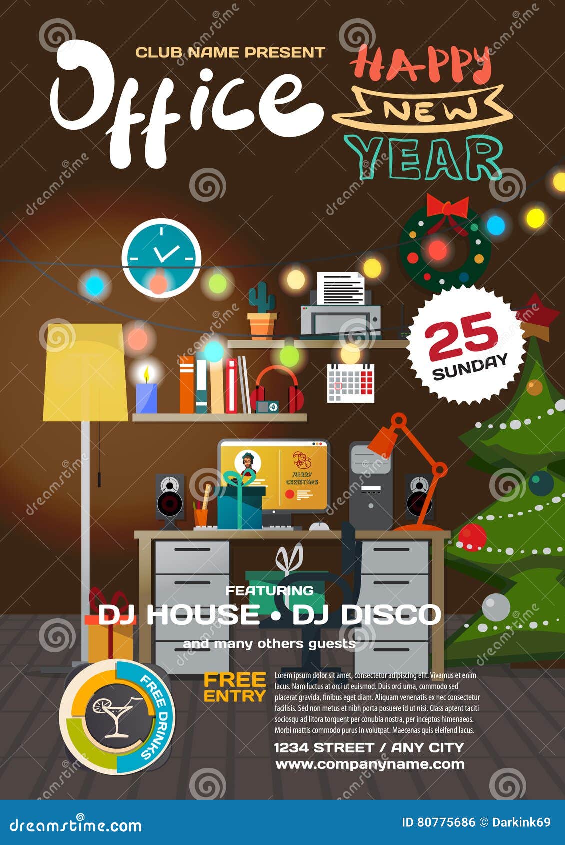 Vector Christmas Party Invitation Disco Style in Office Stock Vector