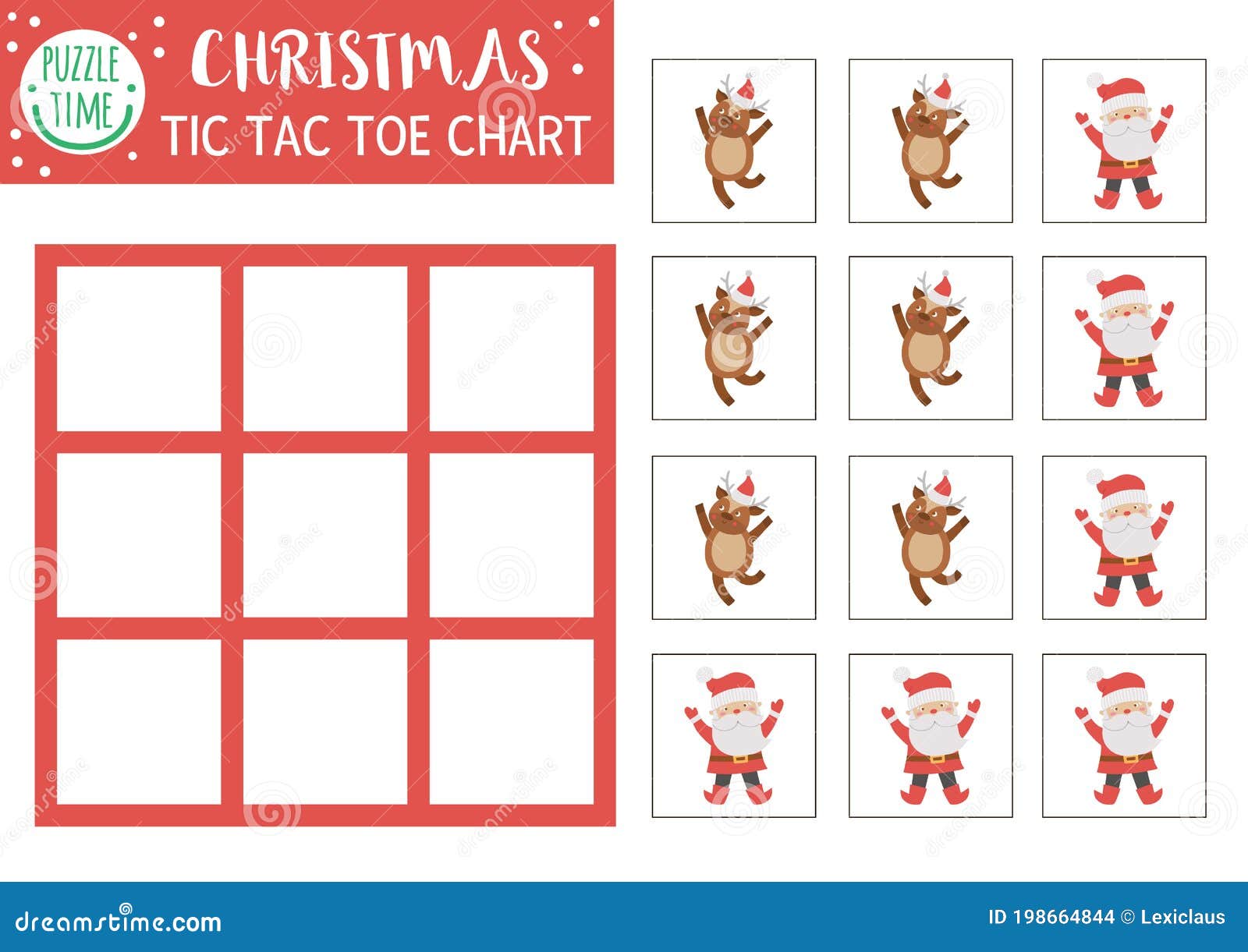  christmas tic tac toe chart with cute deer and santa claus. winter board game playing field with traditional characters.