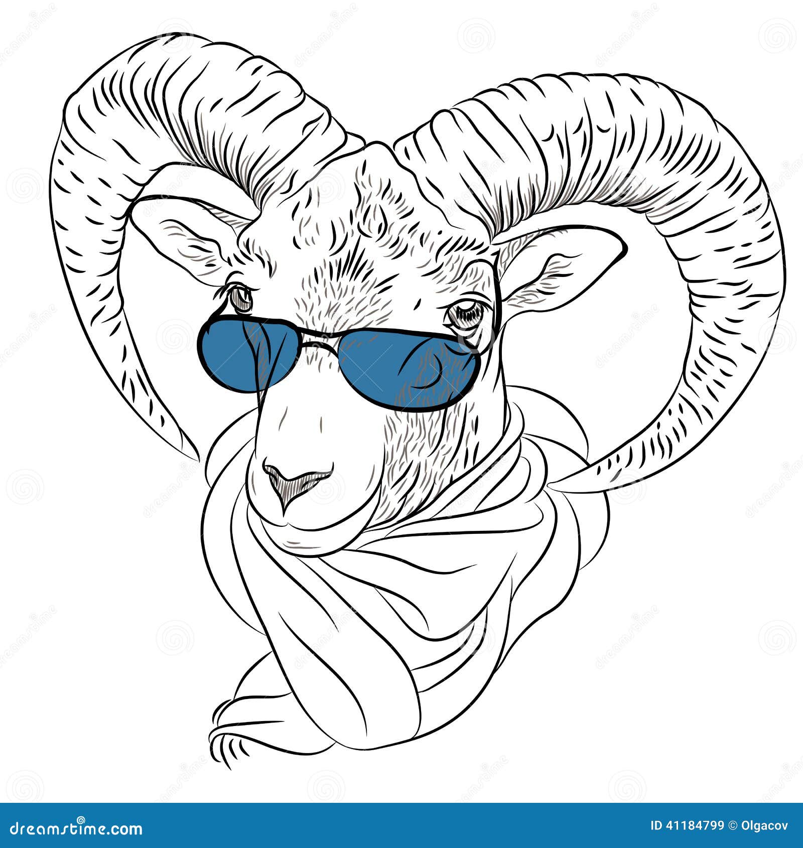 Vector closeup portrait of funny Alpine ibex. Sketch closeup portrait of funny Alpine ibex in red eyeglasses and scarf