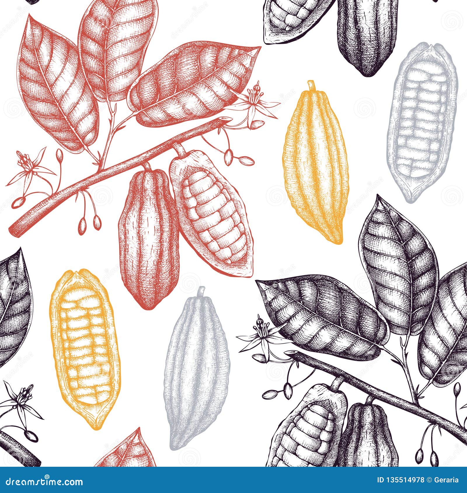  cocoa tree . vintage background with hand drawn with leaves, flowres, fruits and beans. botanical seamless patt