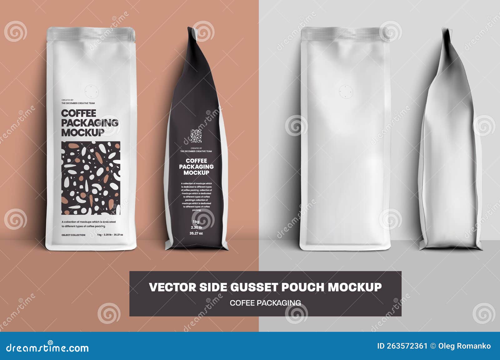 Vector Coffee Pouch Gusset Mockup with Degassing Valve, Side, Front View, White Package and with