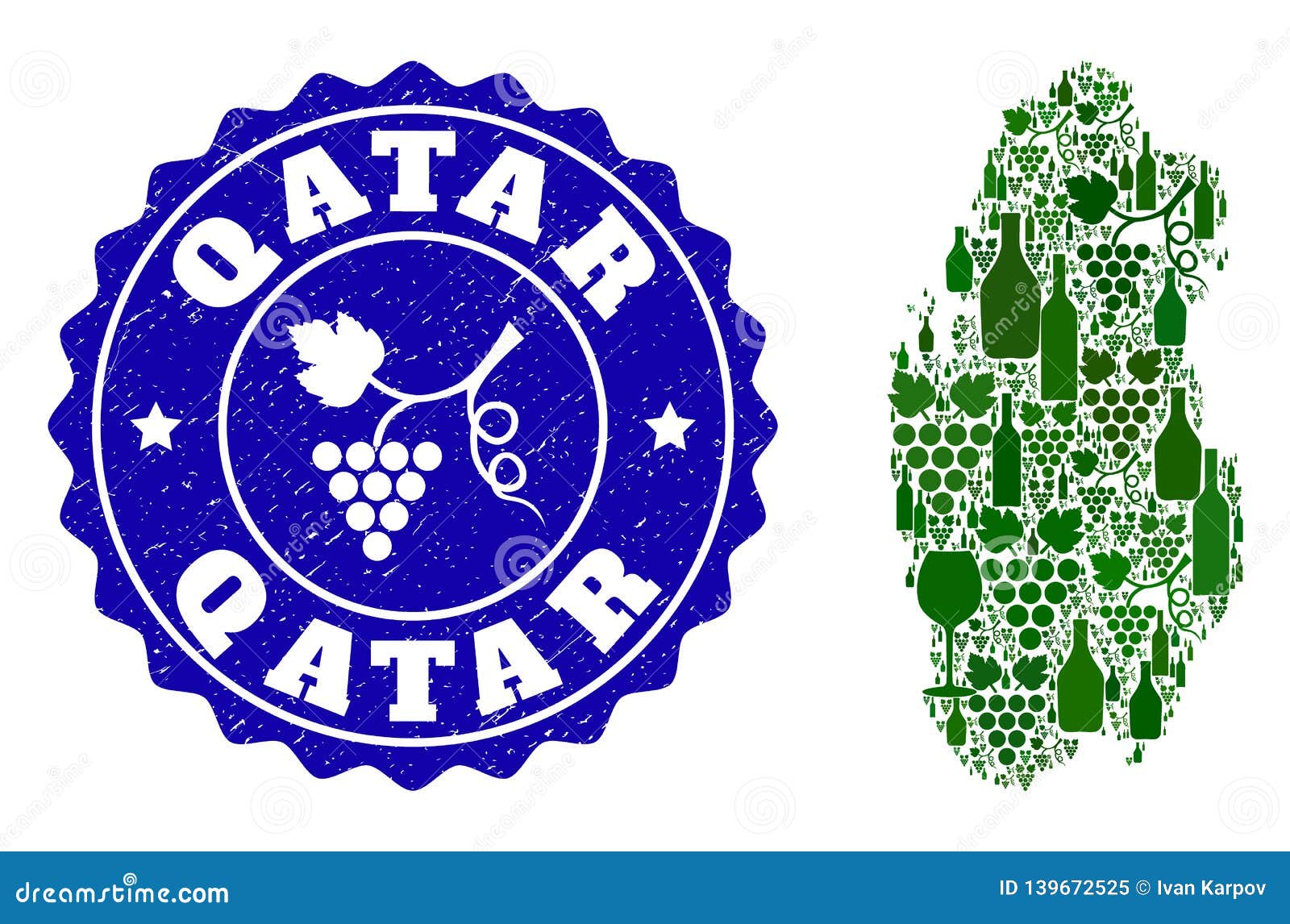 Composition of Grape Wine Map of Qatar and Grape Grunge Stamp Stock