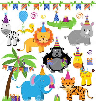 Vector Collection of Birthday Party Themed Jungle Animals Stock Vector ...