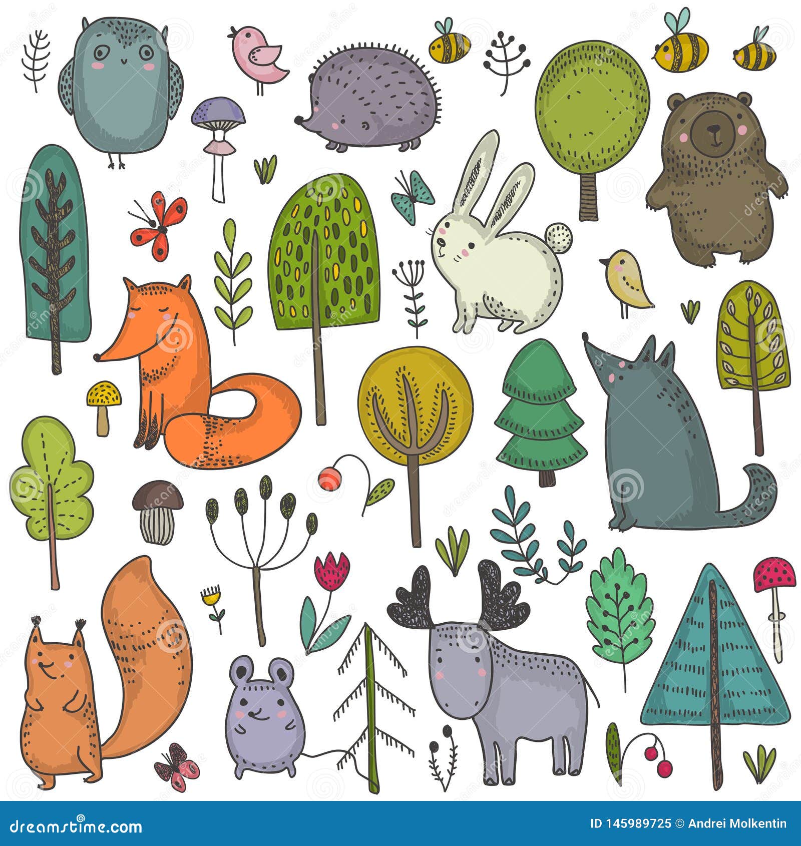 Vector Collection of Hand Drawn Wild Forest Animals. Stock Vector -  Illustration of modern, collection: 145989725