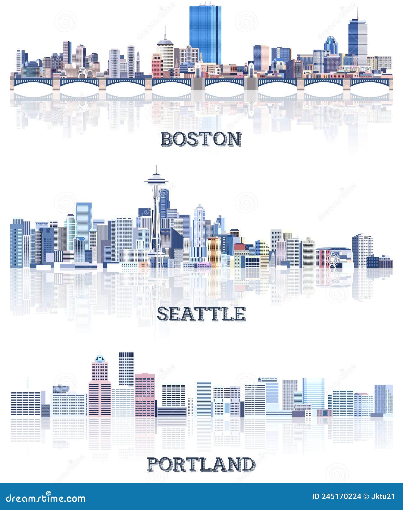  collection of united states cityscapes: boston, seattle, portland skylines in tints of blue color palette. ÃÂ¡rystal