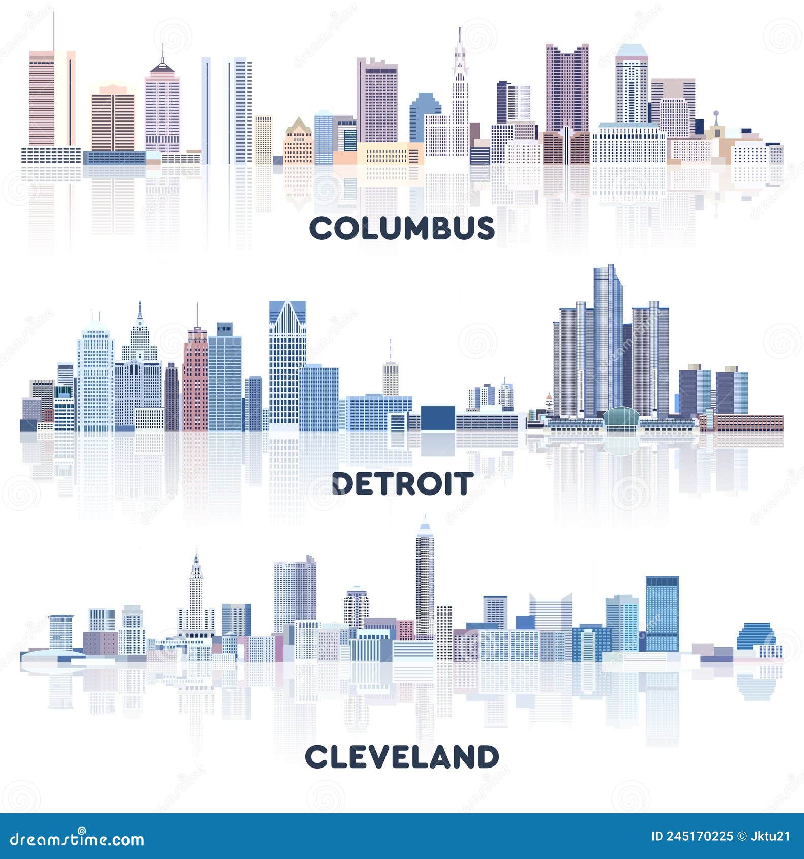  collection of united states cityscapes: columbus, detroit, cleveland skylines in tints of blue color palette. ÃÂ¡rystal