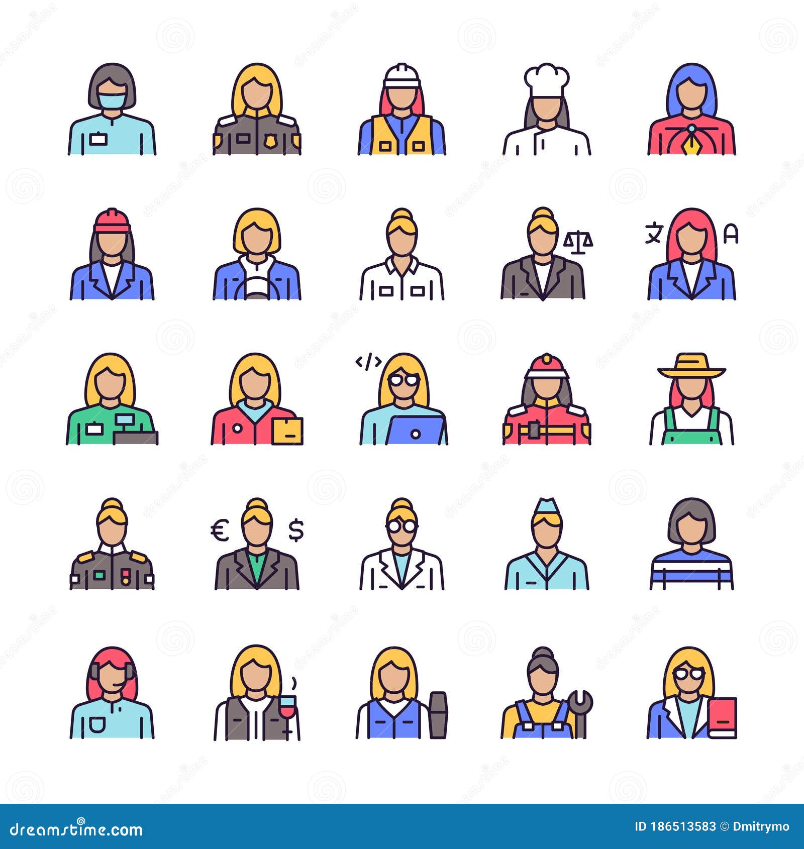 Vector Color Linear Icon Set of Workers Women Objects Stock Vector ...