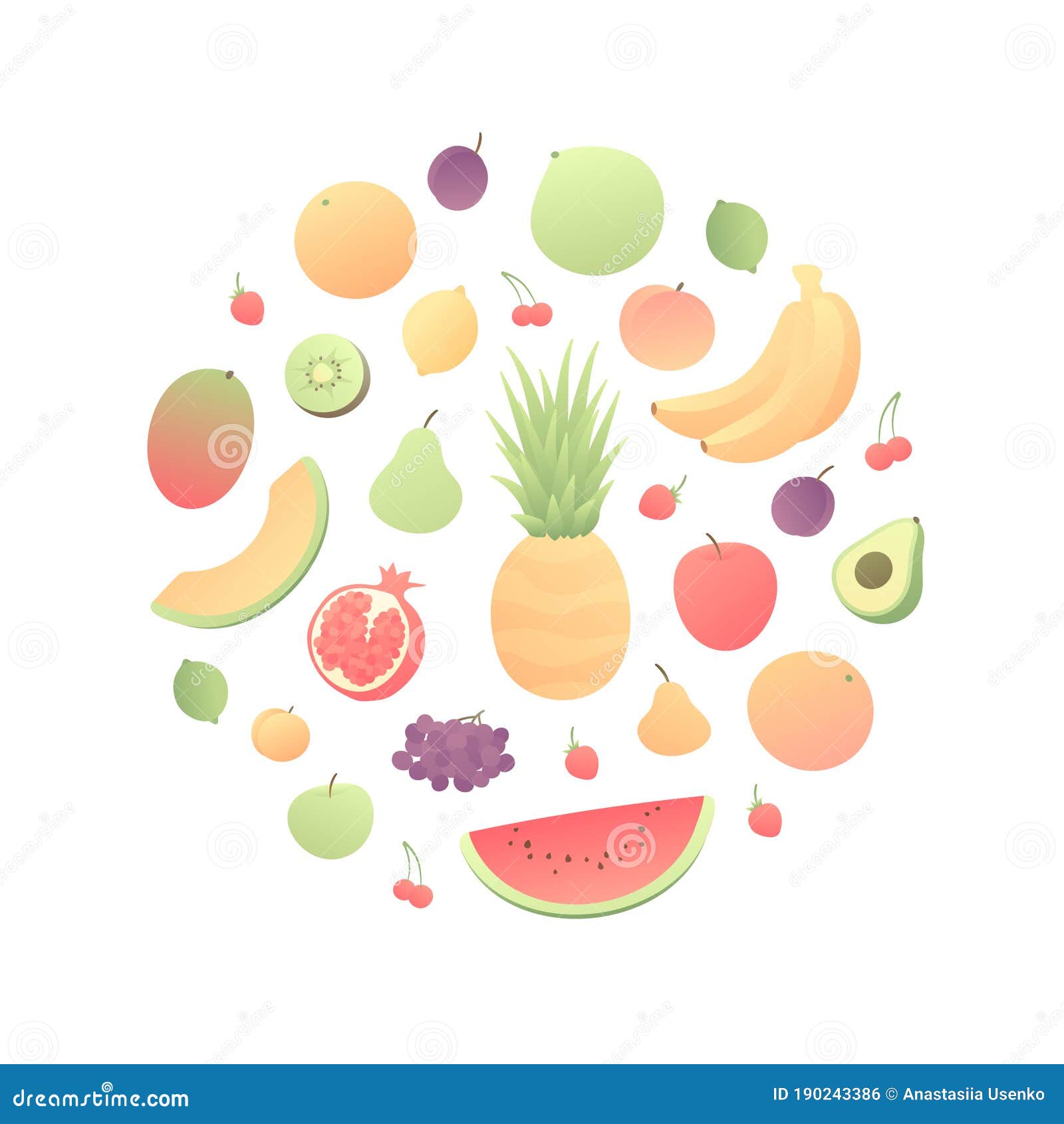  color veggy fruit set. modern style flat circle frame of fruits  on white background.  s for web,