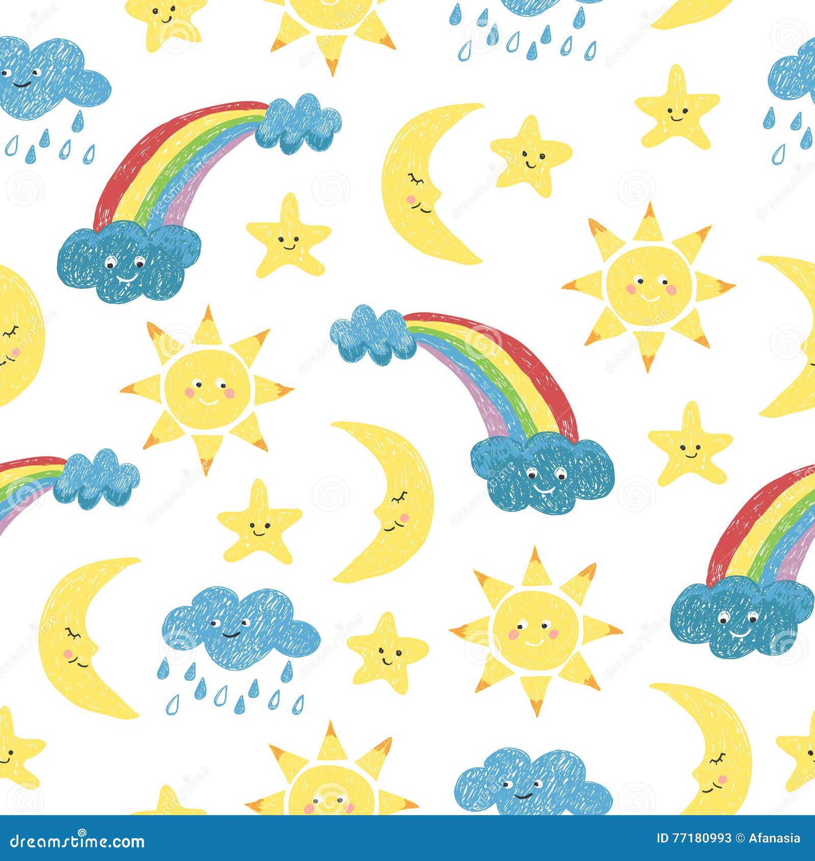 Vector Colorful Background with Doodle Sun, Moon, Clouds and Rainbow ...