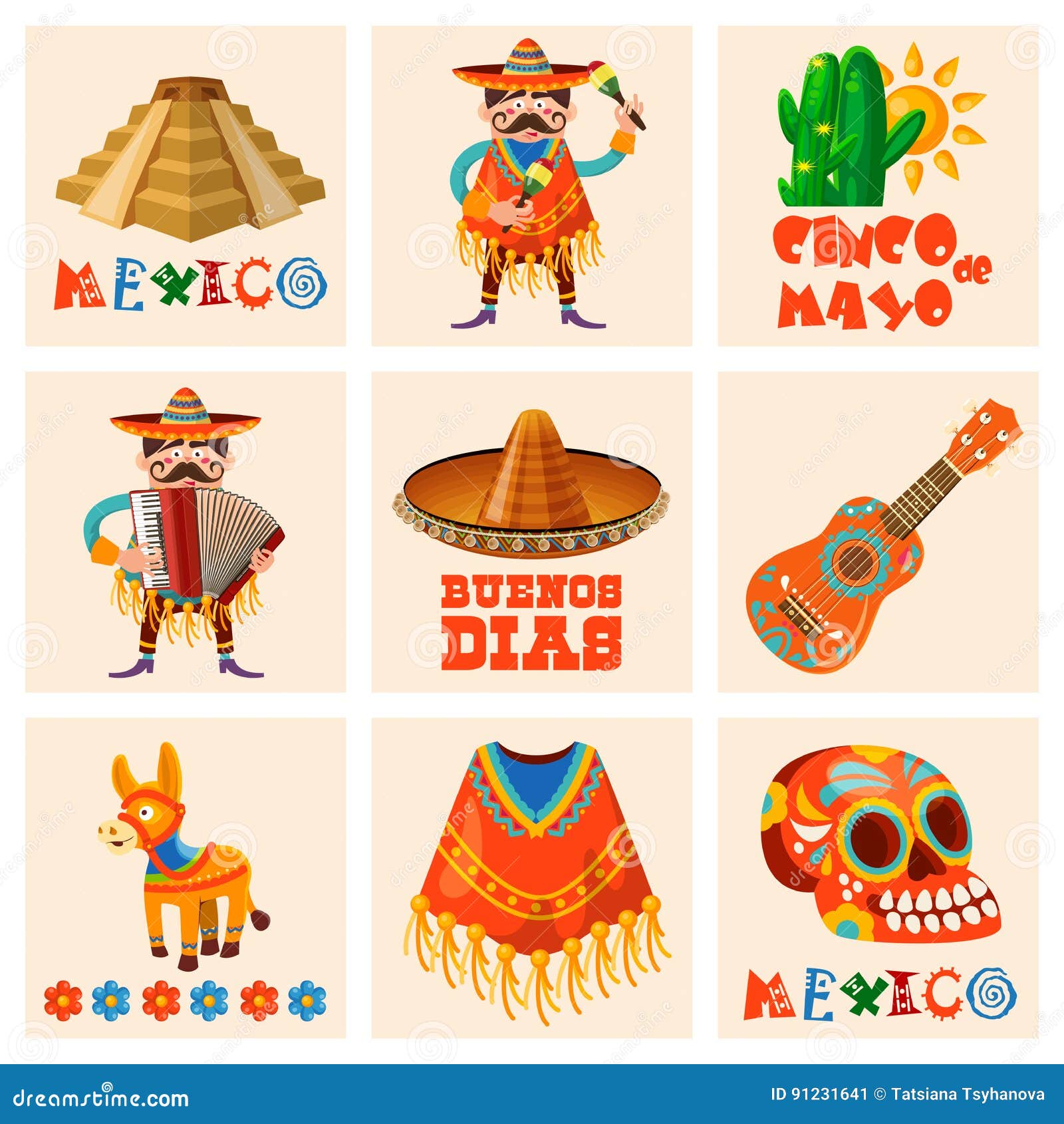  colorful cards set about mexico. cinco de mayo. travel poster with mexican items.