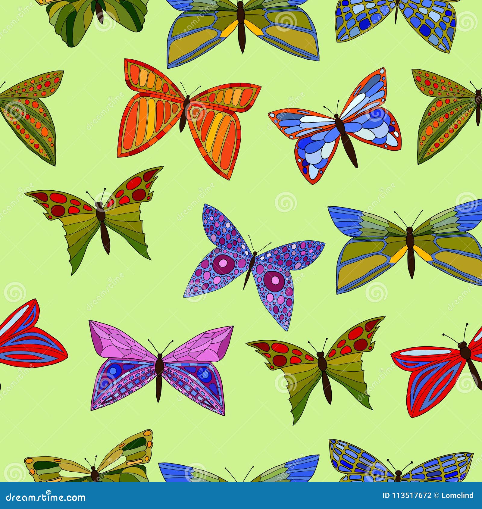 Vector Colorful Doodle Butterflies Seamless Pattern Stock Illustration ...