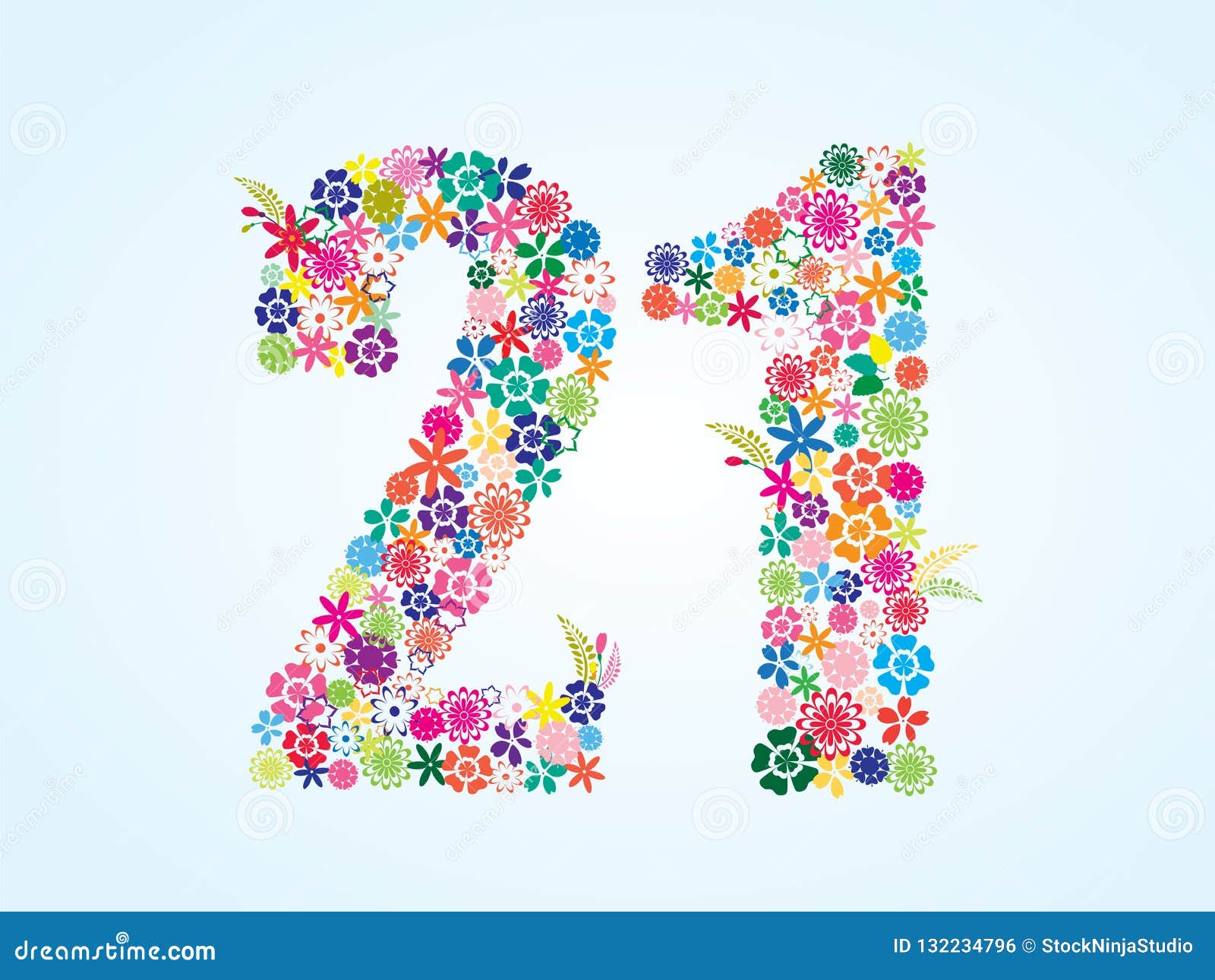 Vector Colorful Floral 21 Number Design Isolated on White Background