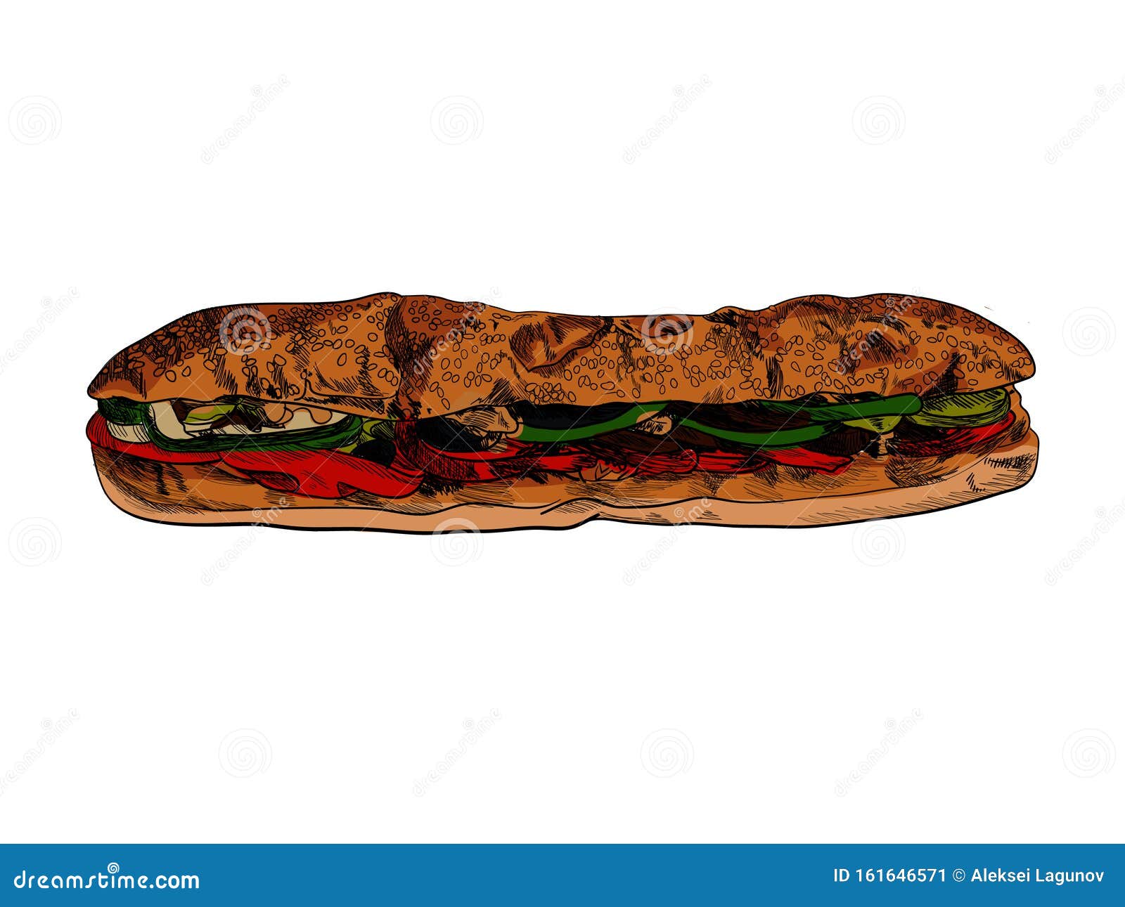 Vector Colorful Hand Drawn Submarine Sandwich Illustration Isolated on