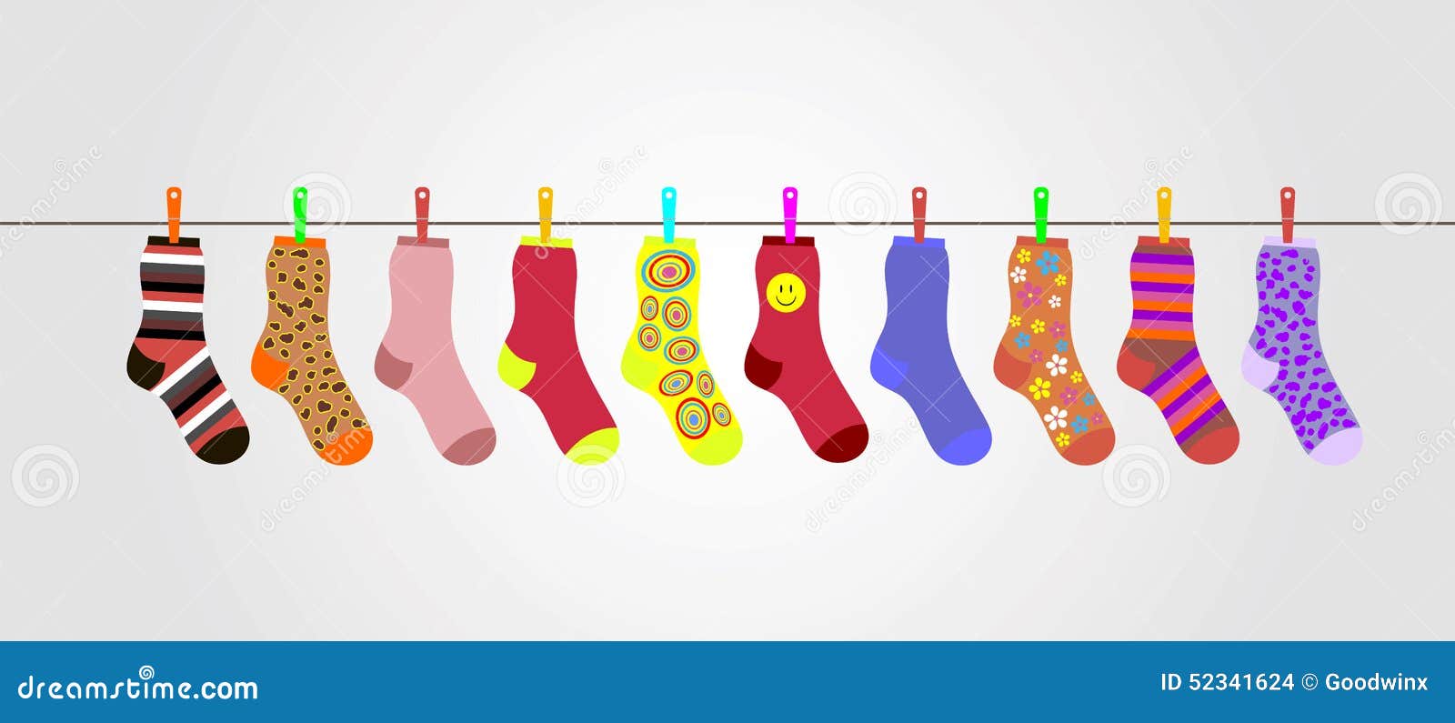 Vector Colorful Socks On Gray Background Are Hanging On Rope Stock