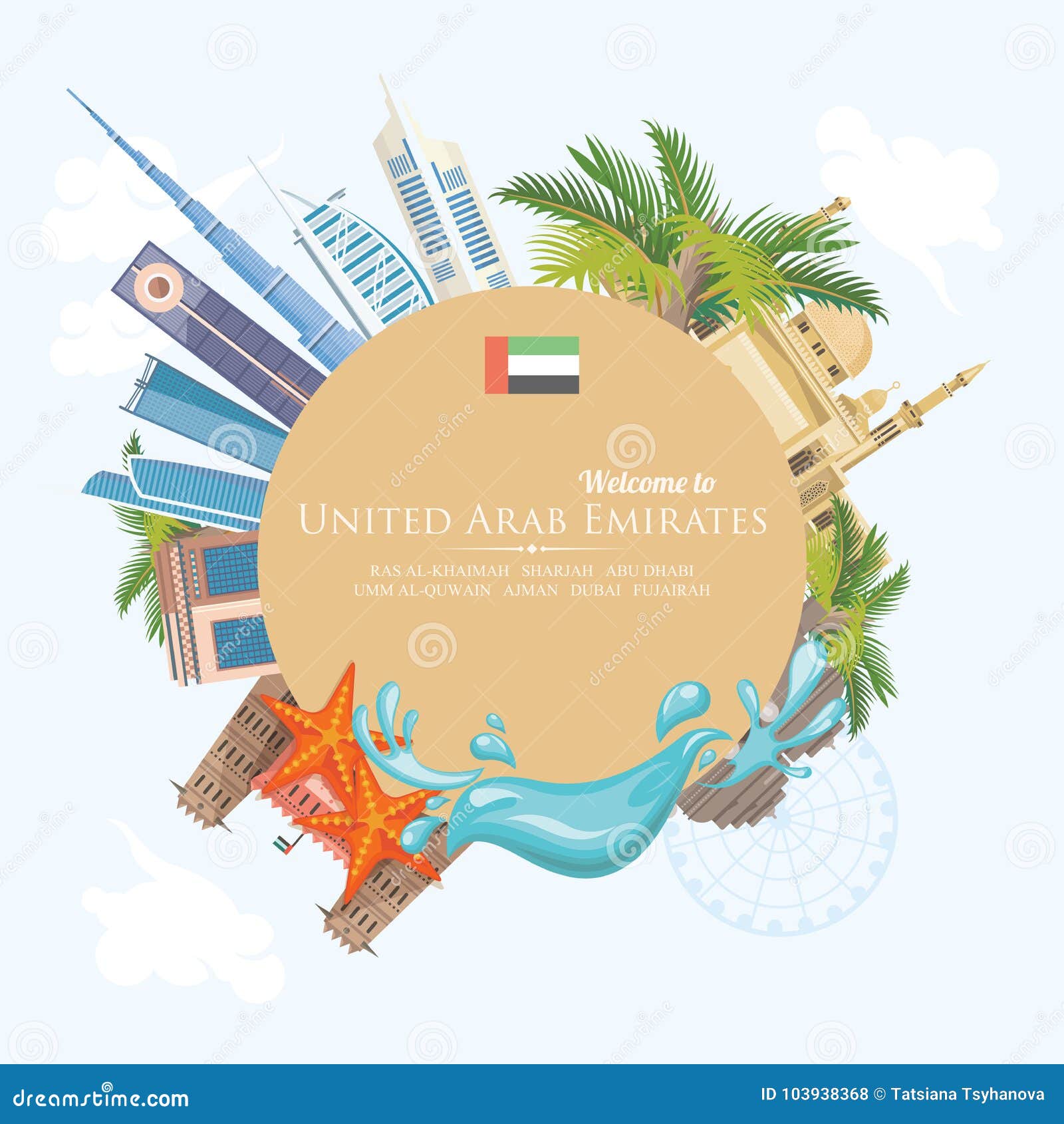 Vector Background of United Arab Emirates. Circle Shape. UAE Flyer with  Modern Buildings and Mosque in Light Style. Stock Vector - Illustration of  islam, arabic: 103938368