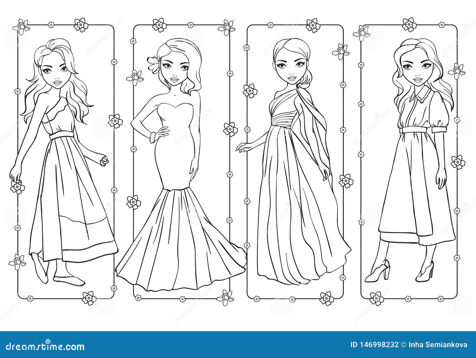 Download Coloring Book Of Girls In Romantic Spring Dresses Stock Vector Illustration Of Female Girl 146998232