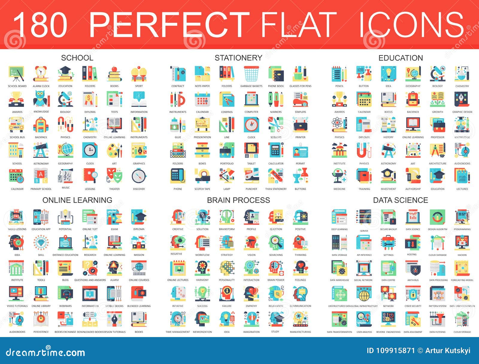 180  complex flat icons concept s of school, stationery, education, online learning, brain process, data