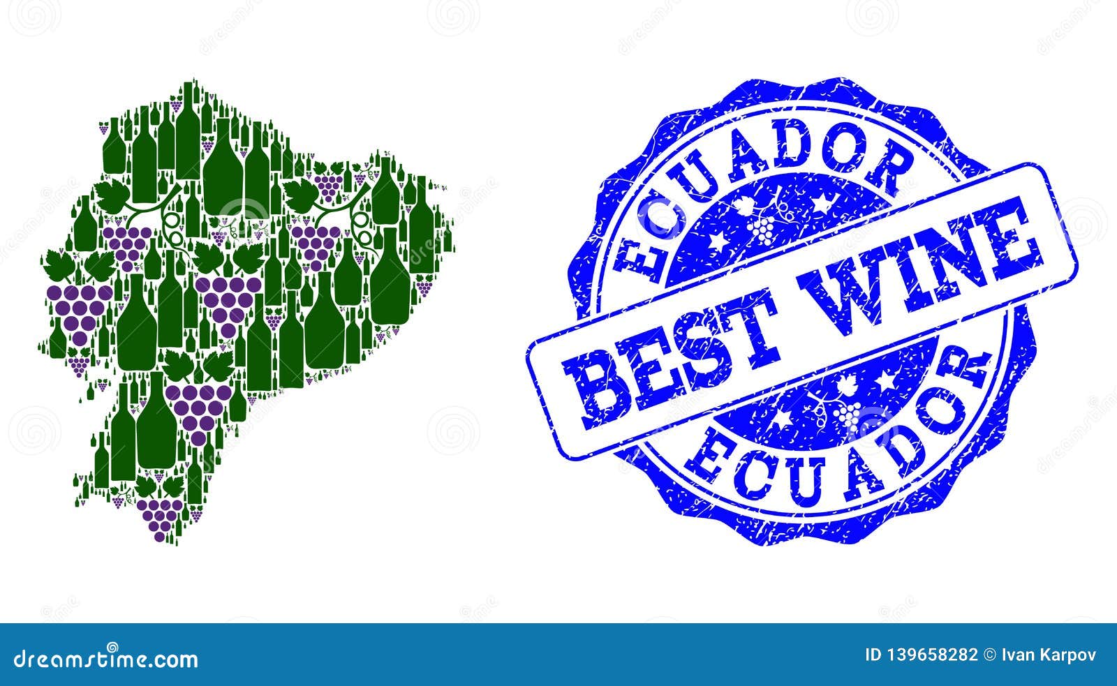 Composition of Grape Wine Map of Ecuador and Best Wine Stamp Stock