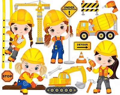 Vector Construction Set with Little Girls, Transport and Various Tools ...