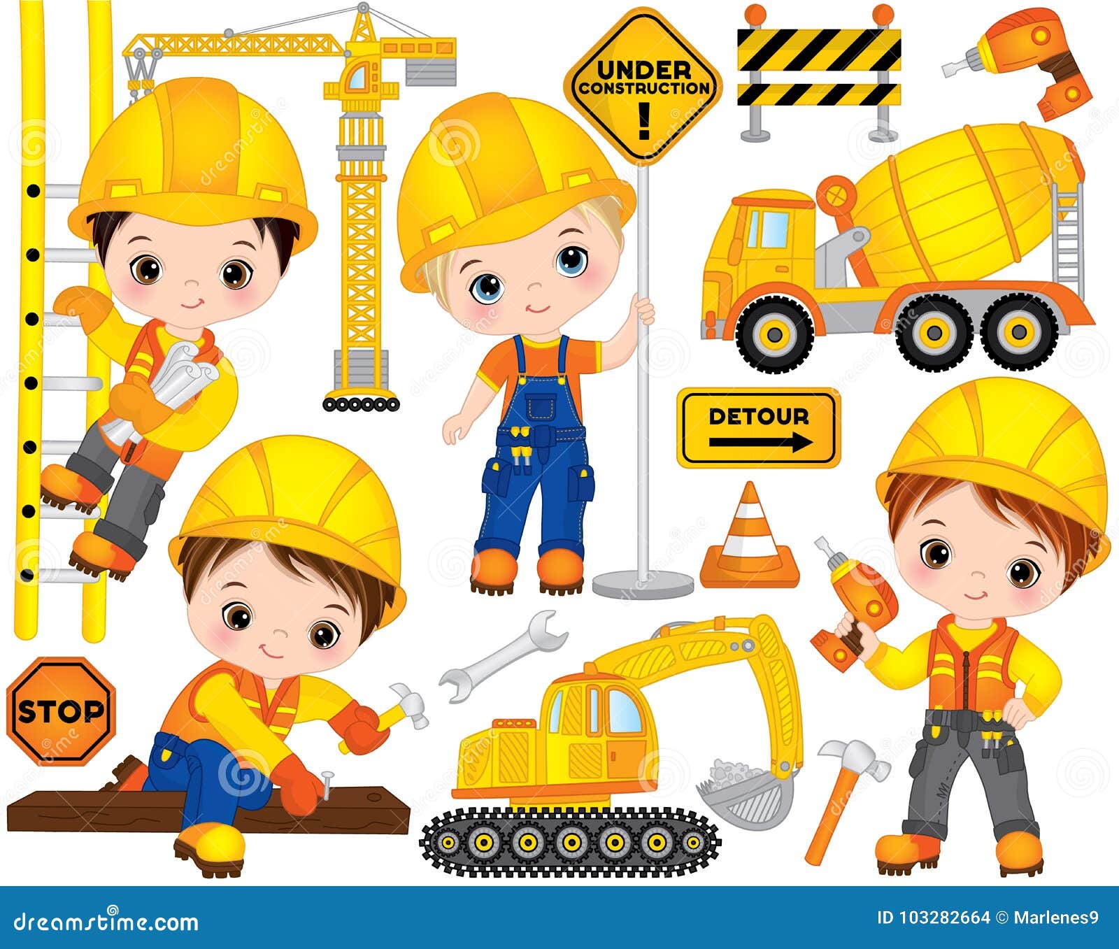 Vector Construction Set with Cute Little Builders, Transport and Tools ...