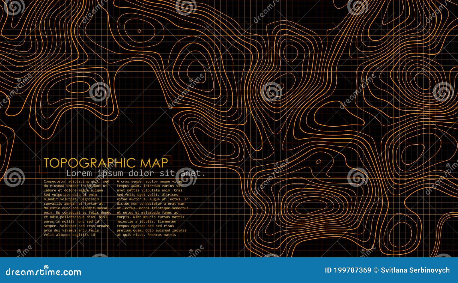  contour topographic map. orange lines on black background