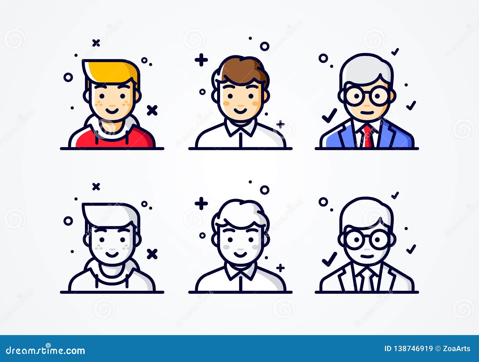  linear flat people faces icon set. social media avatar, user pic and profil. user experience concept different male smiley