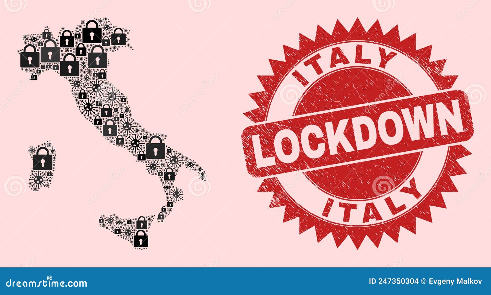 Italy Map Collage with Locks and Covid2019 and Distress Lockdown Stamp