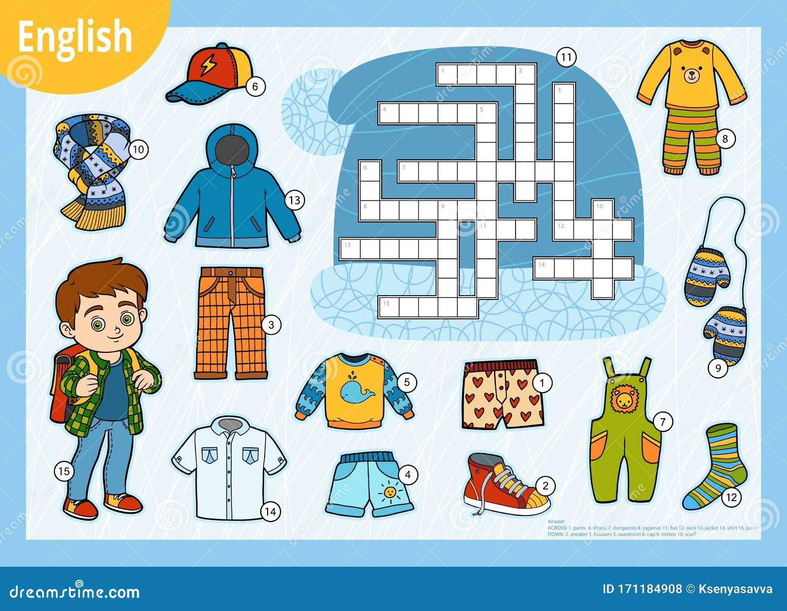 Vector Crossword in English, Education Game for Children. Cartoon Set of  Clothes for Boy Stock Vector - Illustration of language, leisure: 171184908