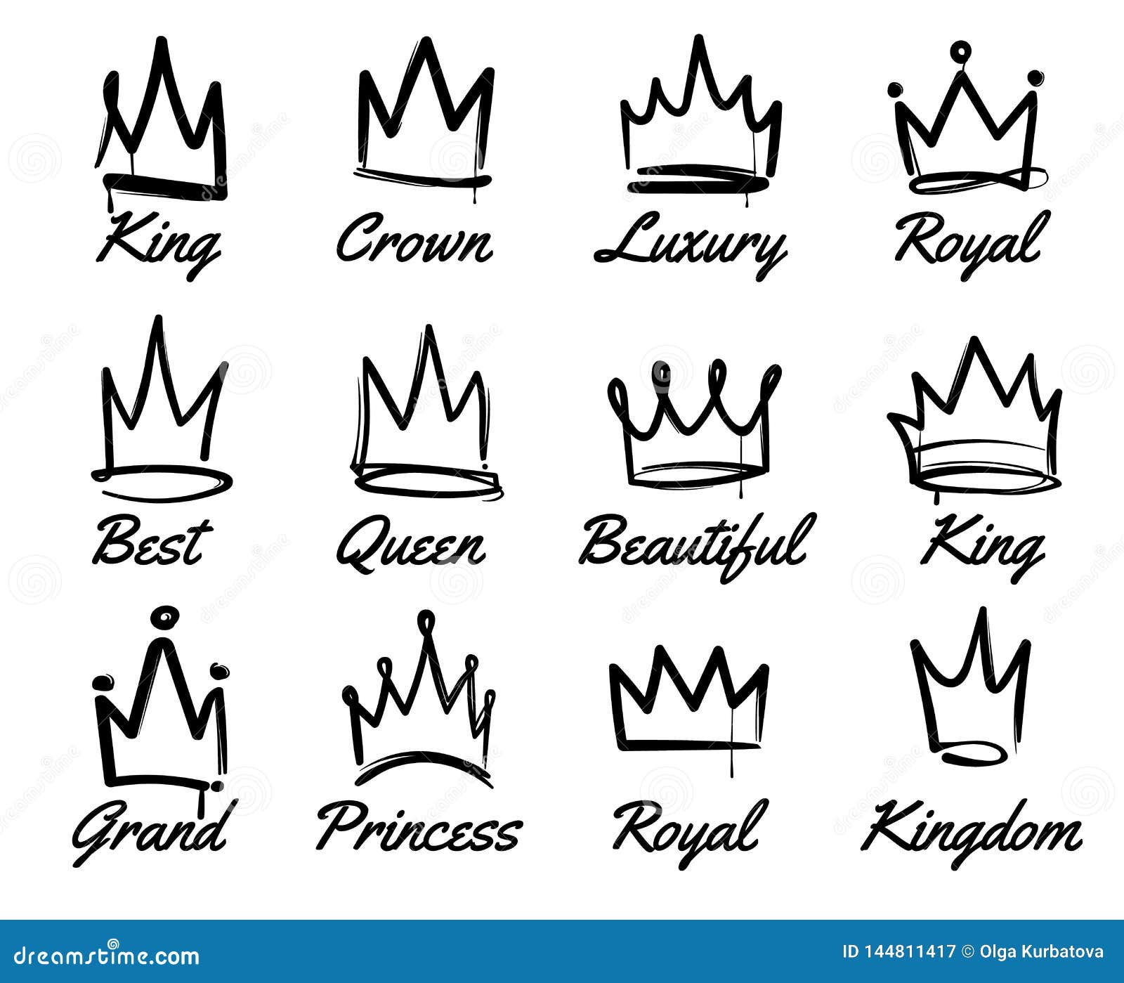  crown logo. hand drawn graffiti sketch and signs collections. black brush line  on white background