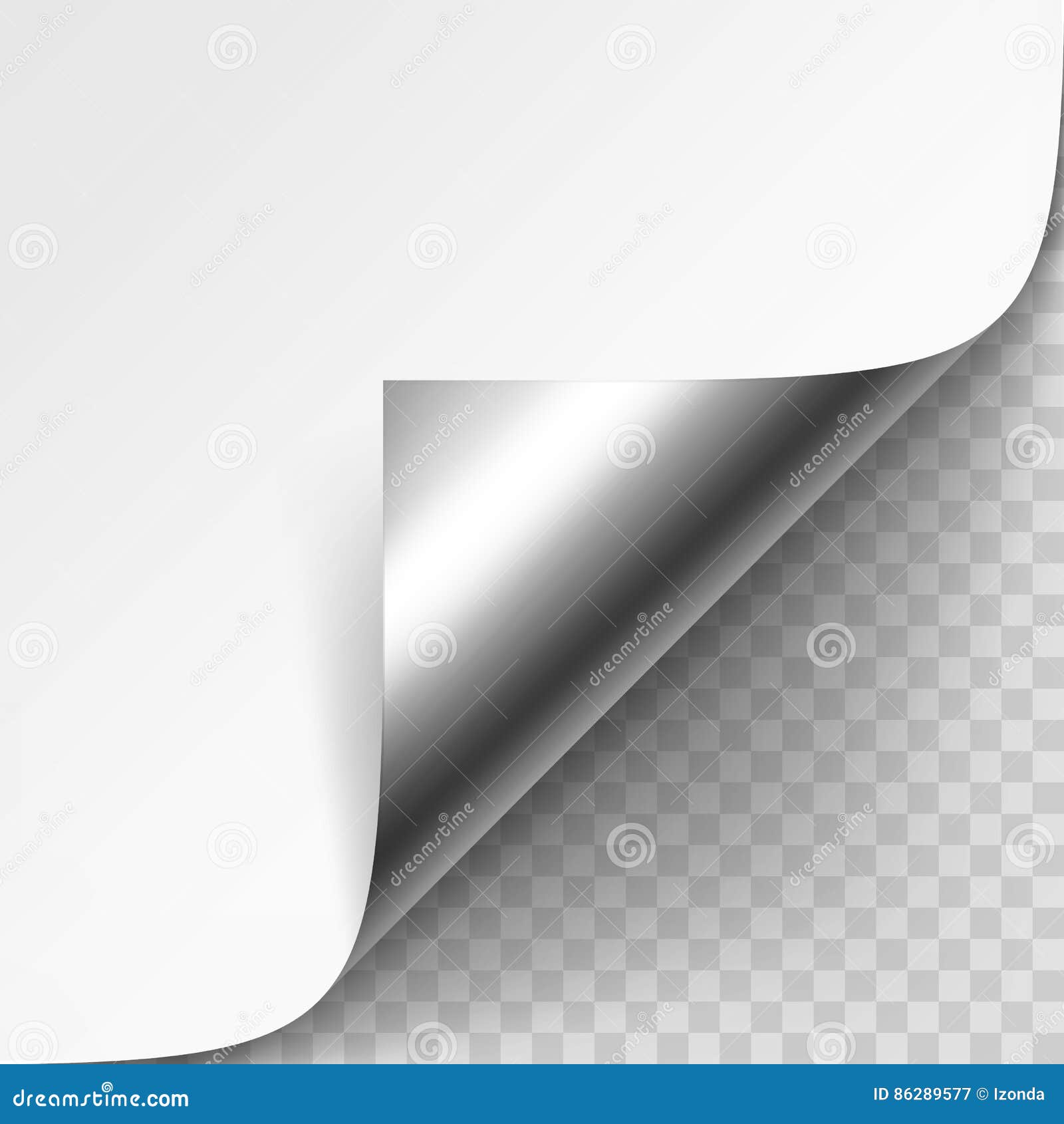  curled silver metalic corner of white paper with shadow mock up  on transparent background